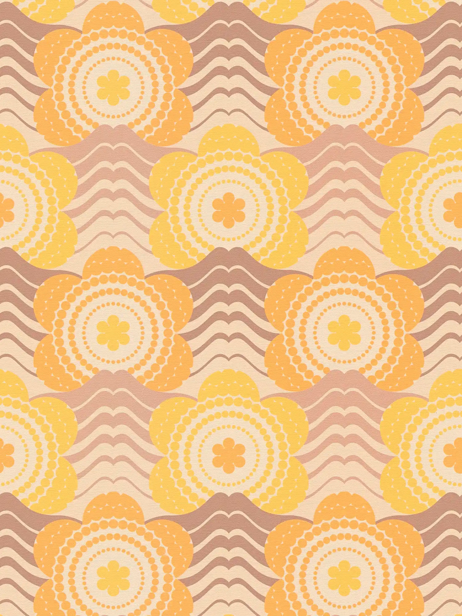 Vliestapete mit floralem Muster im Stil der 70er Jahre – Beige, Braun, Orange
