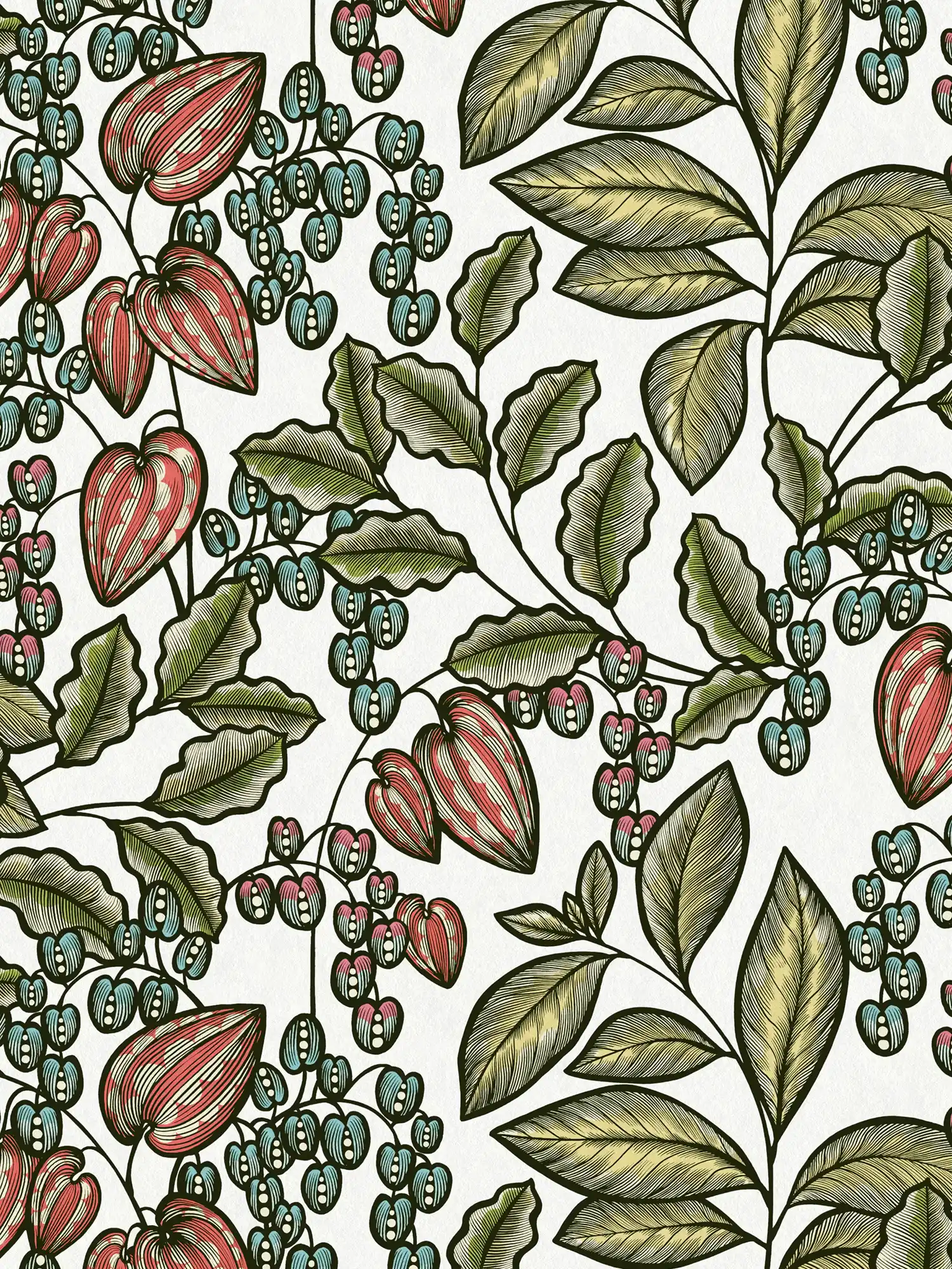         Florale Tapete Natur Design Scandinavian Print – Bunt, Grün, Weiß
    
