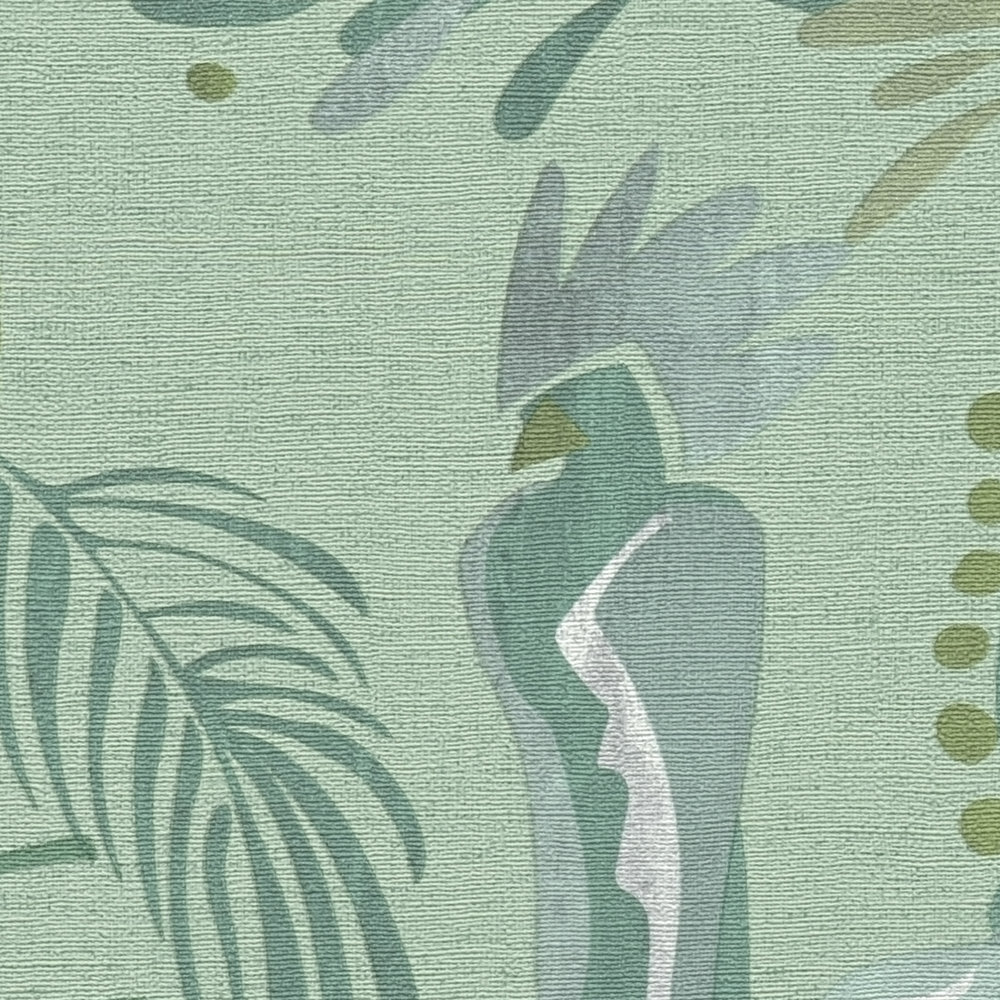             Vliestapete mit Dschungelmotiv Blätter & Vögel – Grün, Grau
        