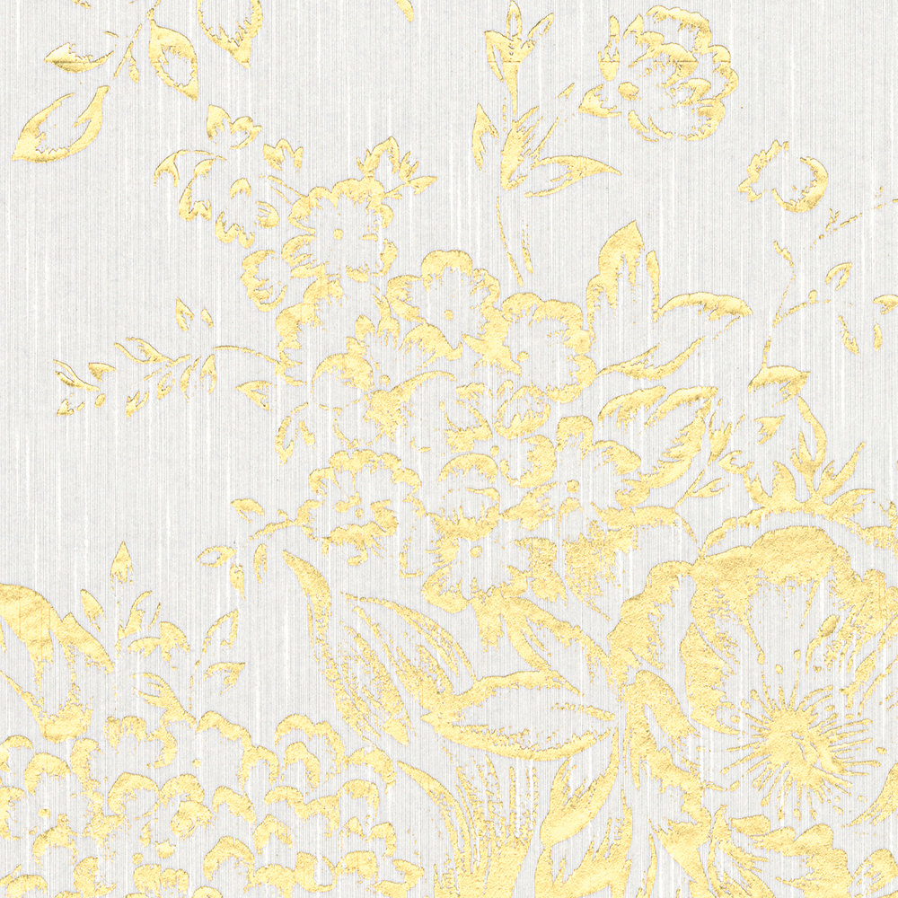             Strukturtapete mit goldenem Blütenmuster – Gold, Weiß
        
