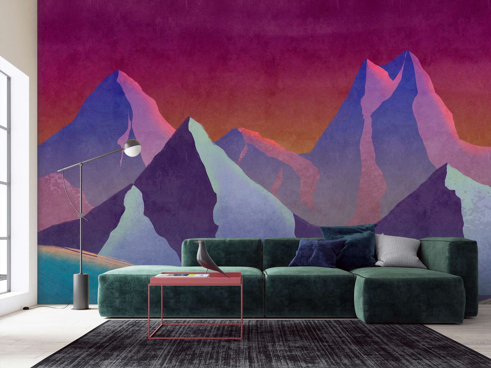             Fototapete »altitude 1« - Abstraktes Gebirge in Neonfarben mit Vintage Putzstruktur – Glattes, leicht perlmutt-schimmerndes Vlies
        