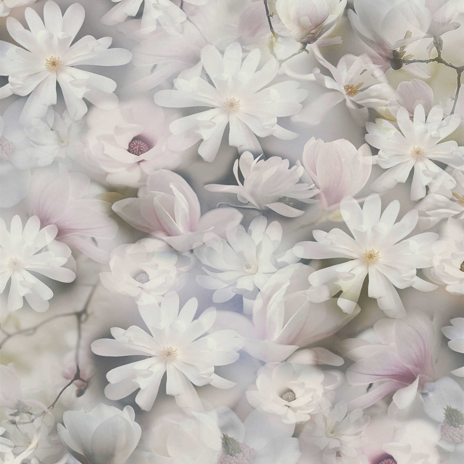 Tapete Blumen Collage in hellen Farben – Grau, Weiß
