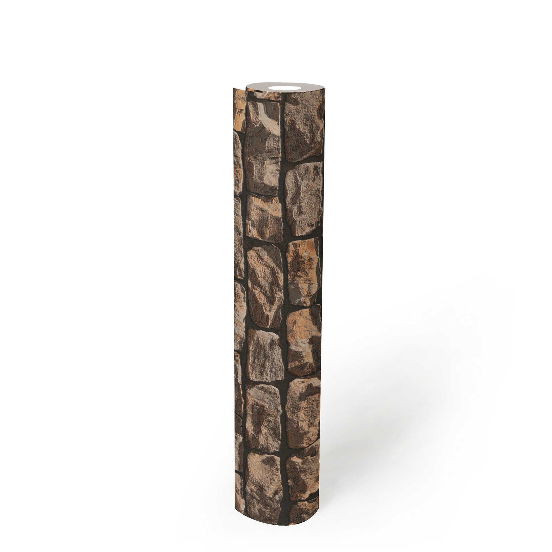             Mauerwerk-Tapete mit realistischen Natursteinen – Braun, Beige, Schwarz
        