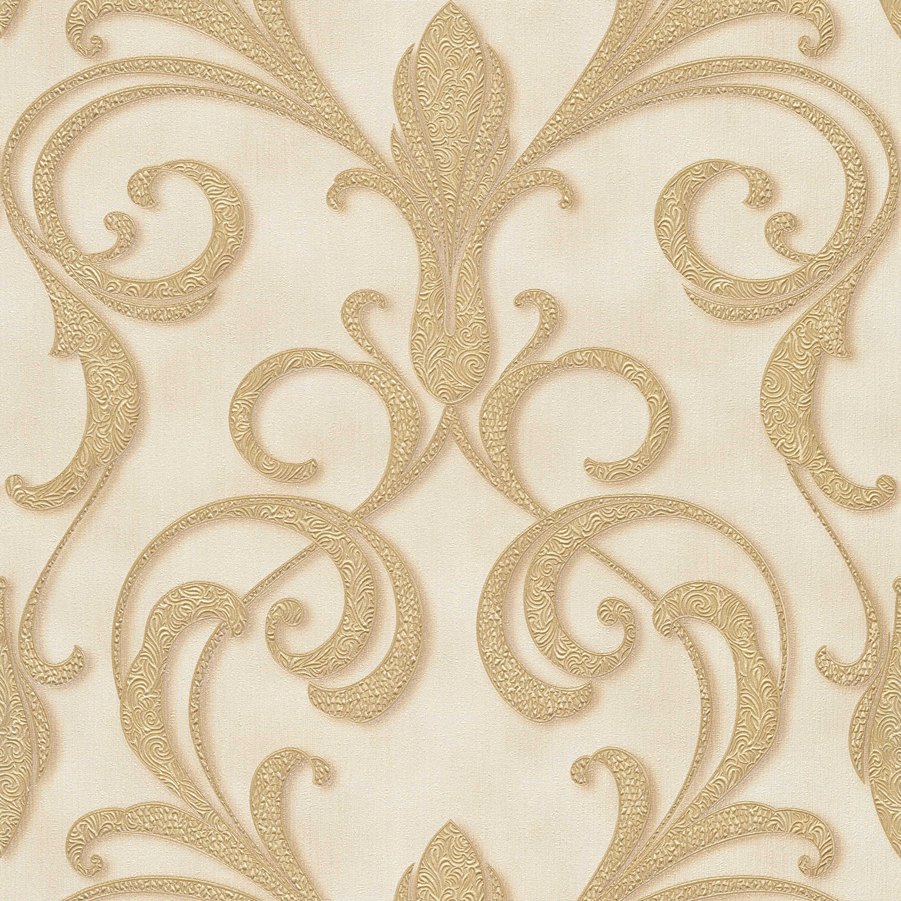 Metallic Tapete mit filigranem Ornamentmuster – Creme
