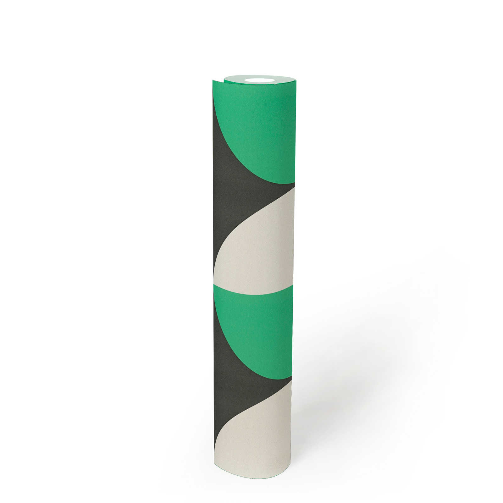             Kreismuster Vliestapete im Retro 70er Jahre Stil – Grün, Weiß, Schwarz
        