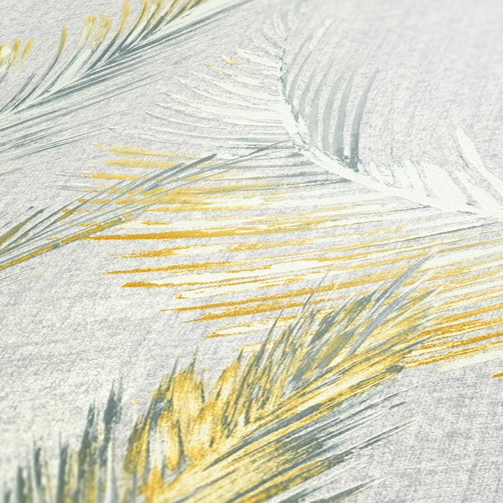             Textiloptik Tapete mit Feder Motiv im Landhausstil – Grau
        