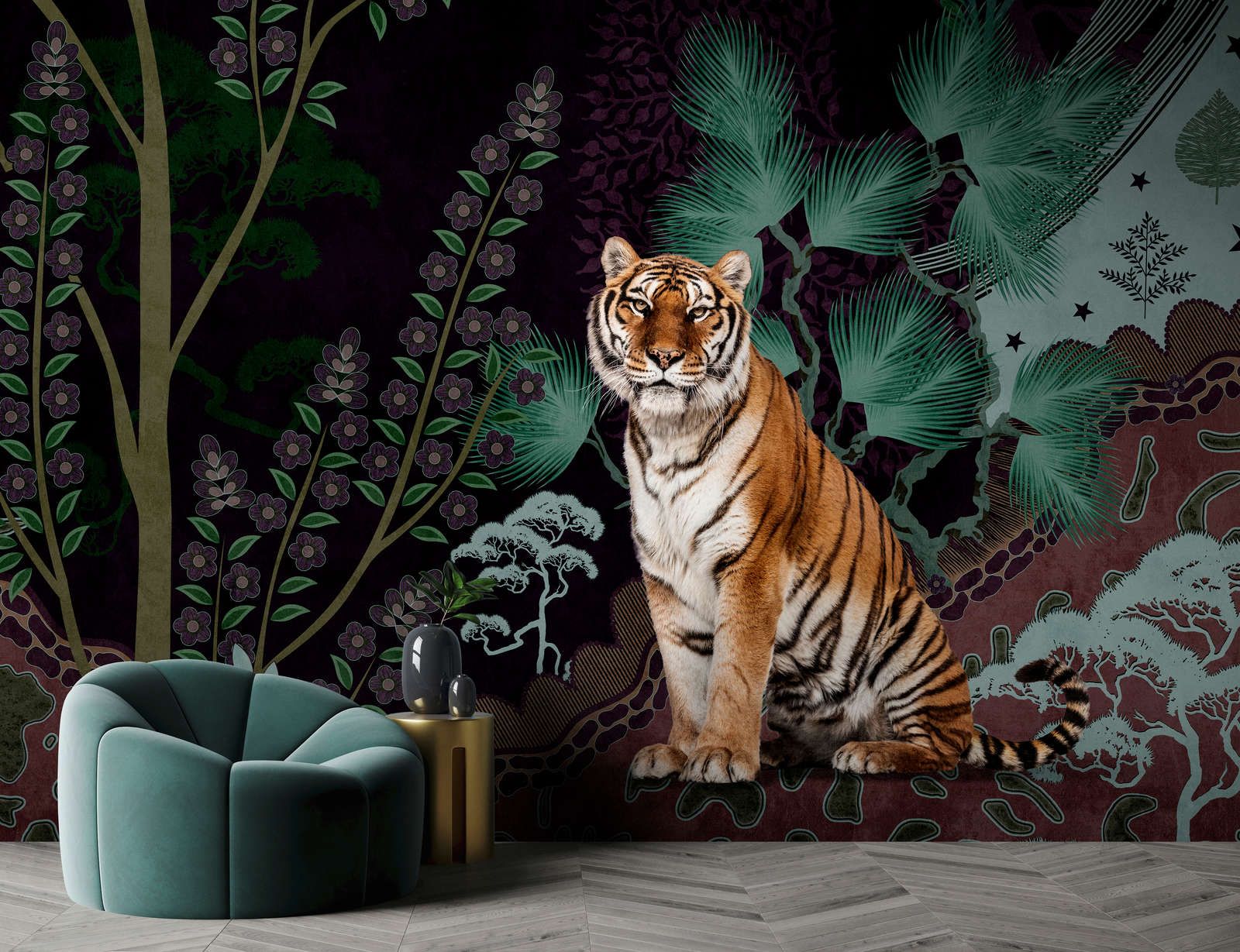             Fototapete »khan« - Abstraktes Jungle-Motiv mit Tiger – Glattes, leicht perlmutt-schimmerndes Vlies
        