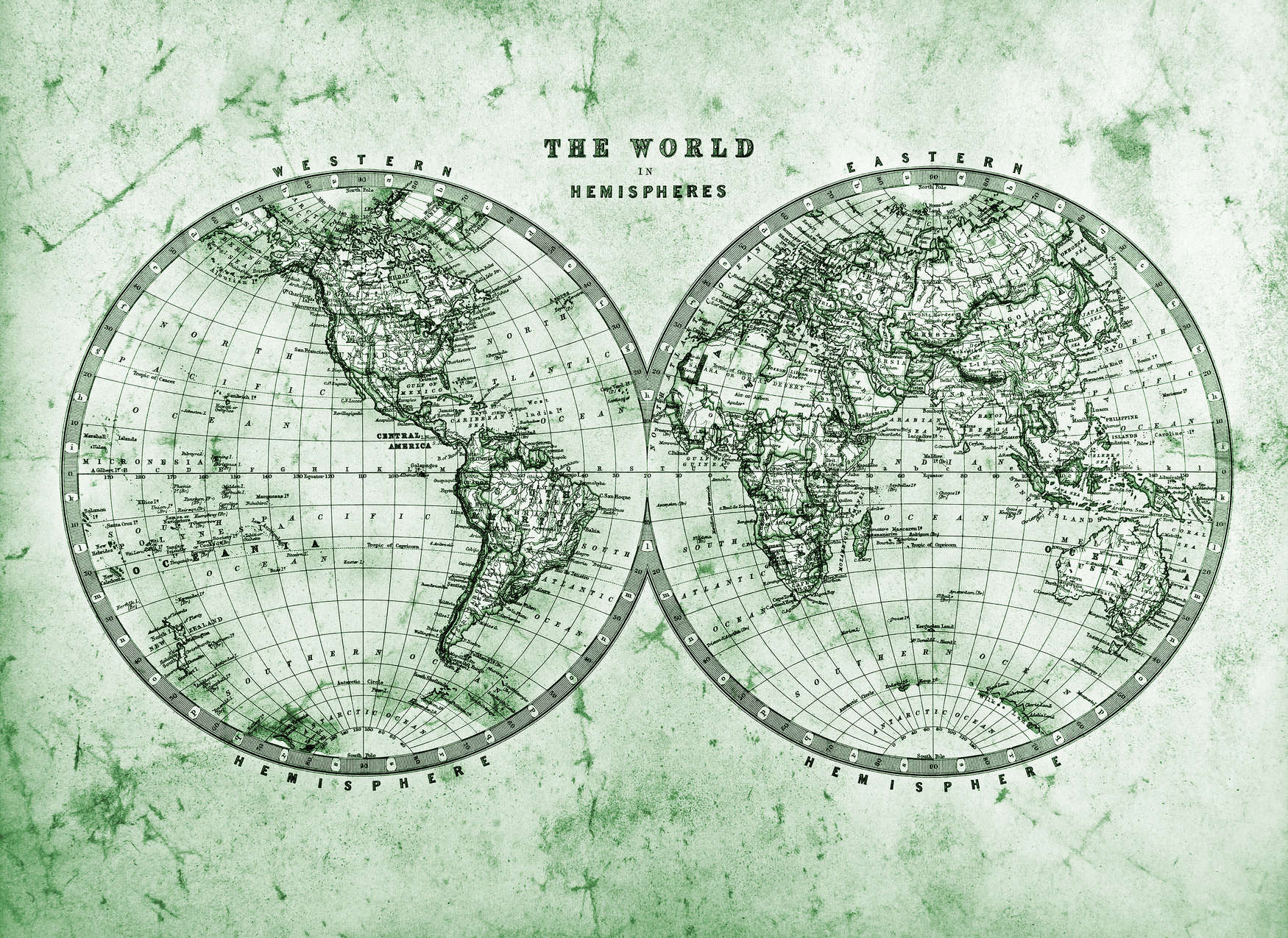             Vintage Weltkarte in Hemisphären – Grün, Grau, Weiß
        