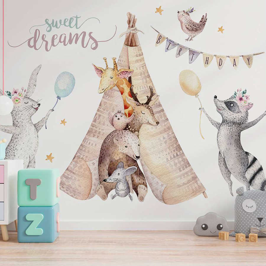 Fototapete Kinderzimmer Tiere bei einer Geburtstagsparty – Beige, Grau, Bunt
