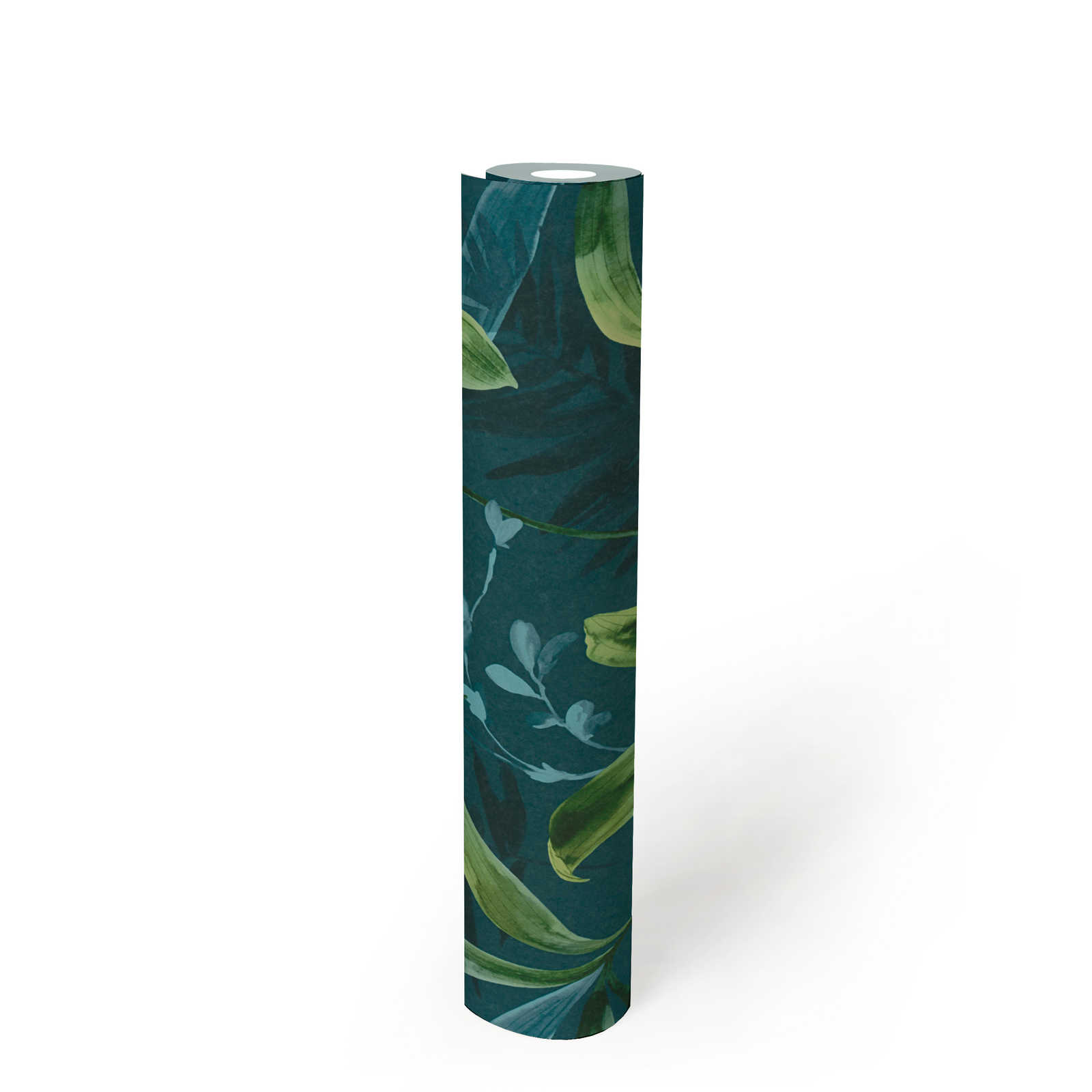             Dunkelgrüne Tapete mit Blätter Muster im Aquarell Stil – Blau, Grün
        