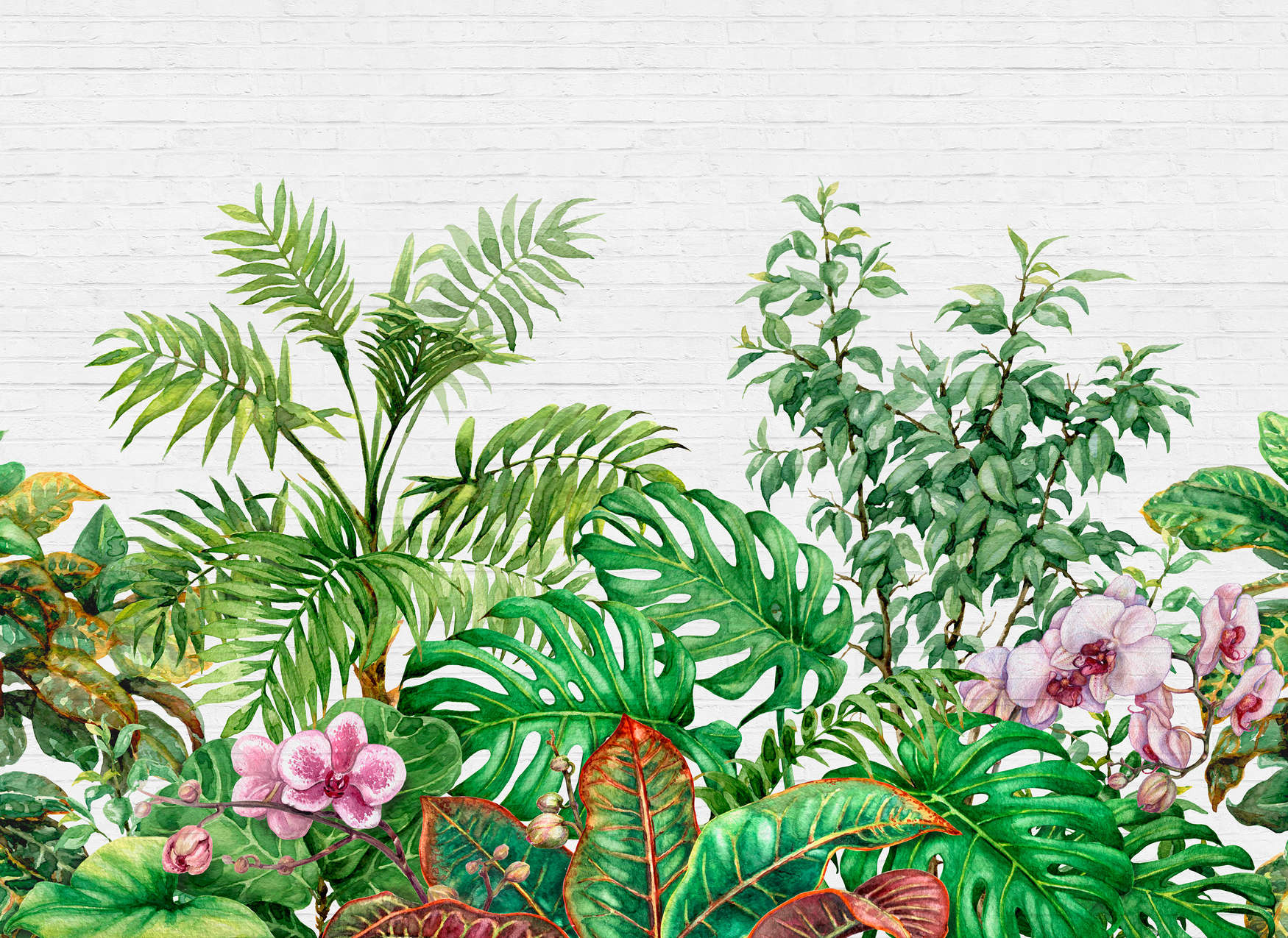             Mauermotiv mit Dschungelblättern – Grün, Weiß, Rosa
        