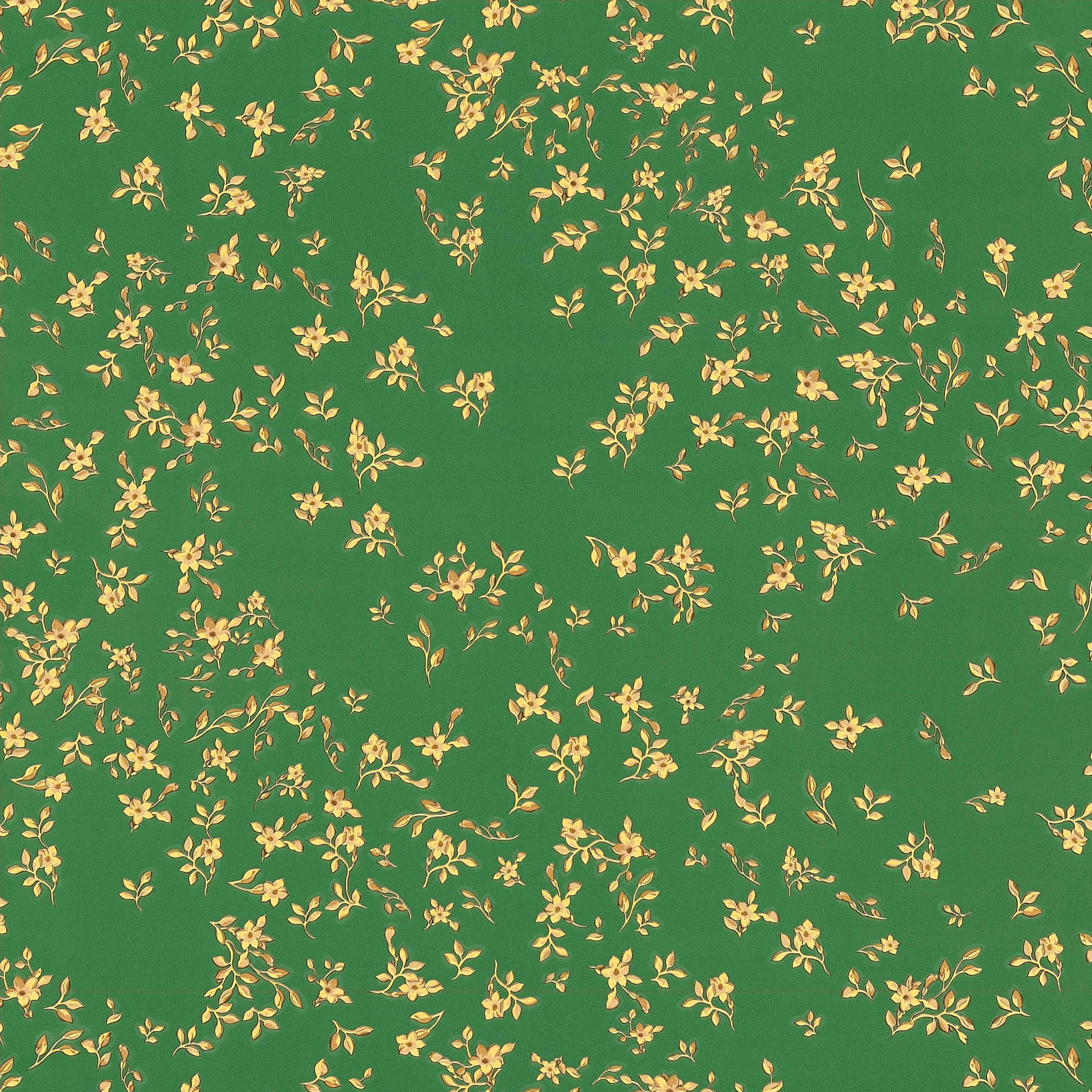 Grüne VERSACE Tapete mit goldenen Blümchen – Grün, Gold, Gelb
