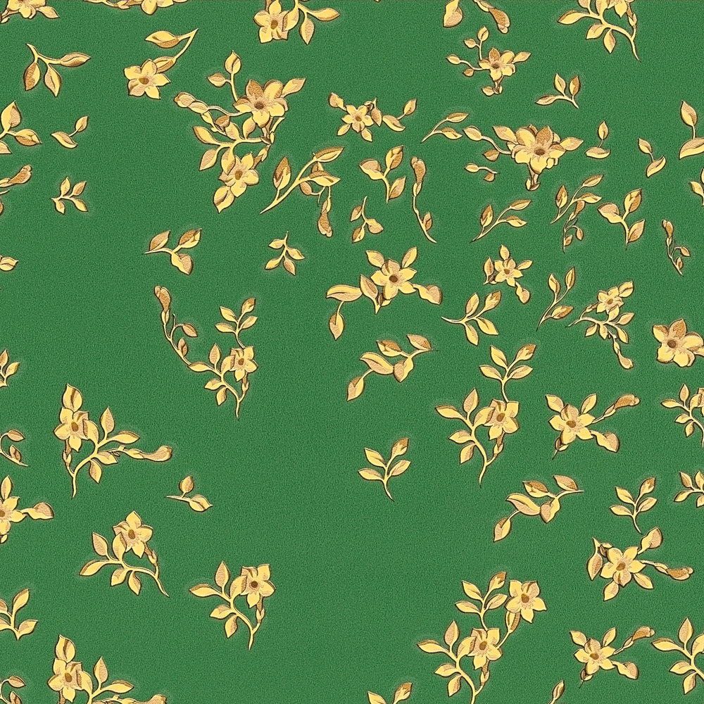             Grüne VERSACE Tapete mit goldenen Blümchen – Grün, Gold, Gelb
        