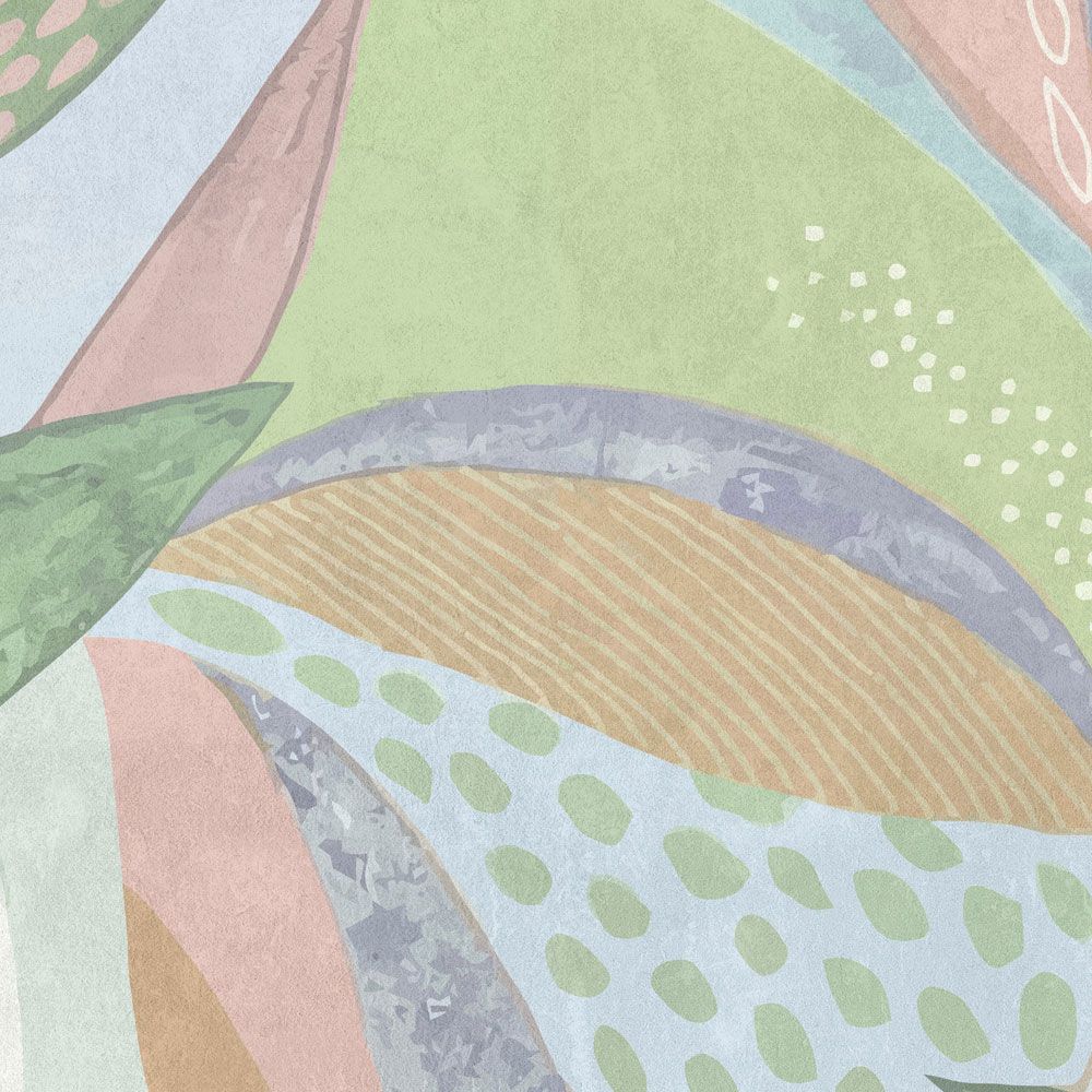             Fototapete »emilia« - Buntes pastelliges Blättermuster vor Betonputzstruktur – Grün, Blau, Rosa | Glattes, leicht perlmutt-schimmerndes Vlies
        