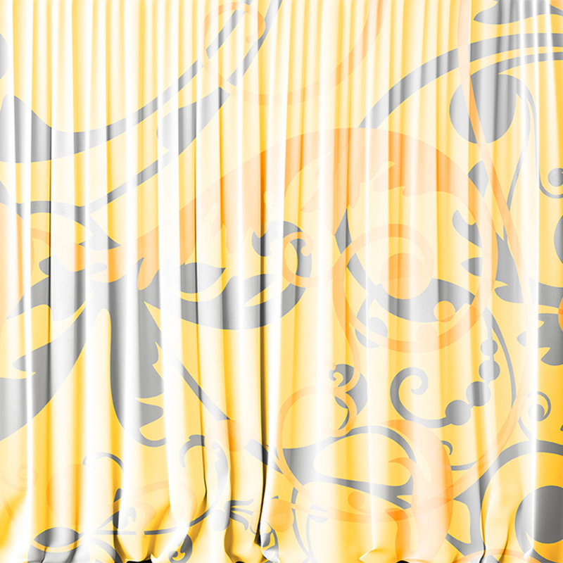 Ornament-Fototapete Vorhang mit Textil-Look – Gelb, Weiß, Orange
