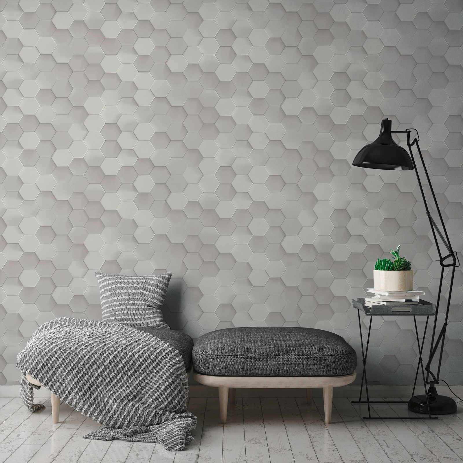Fototapete Hexagon Muster 3D Effekt Grau Beige 3,50 m x 2,55 m FSC