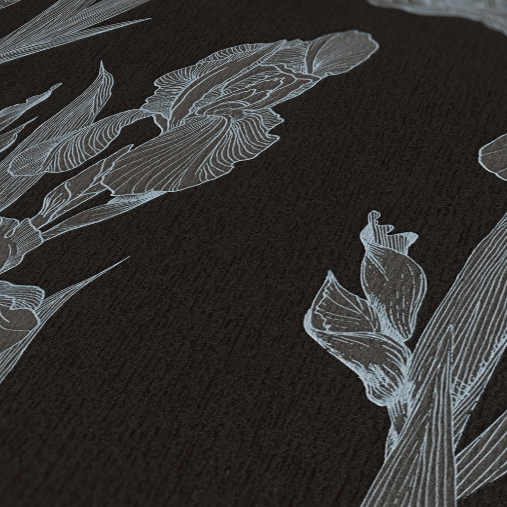             Moderne Blumentapete stilisiert, Blütenranken – Schwarz, Grau, Weiß
        