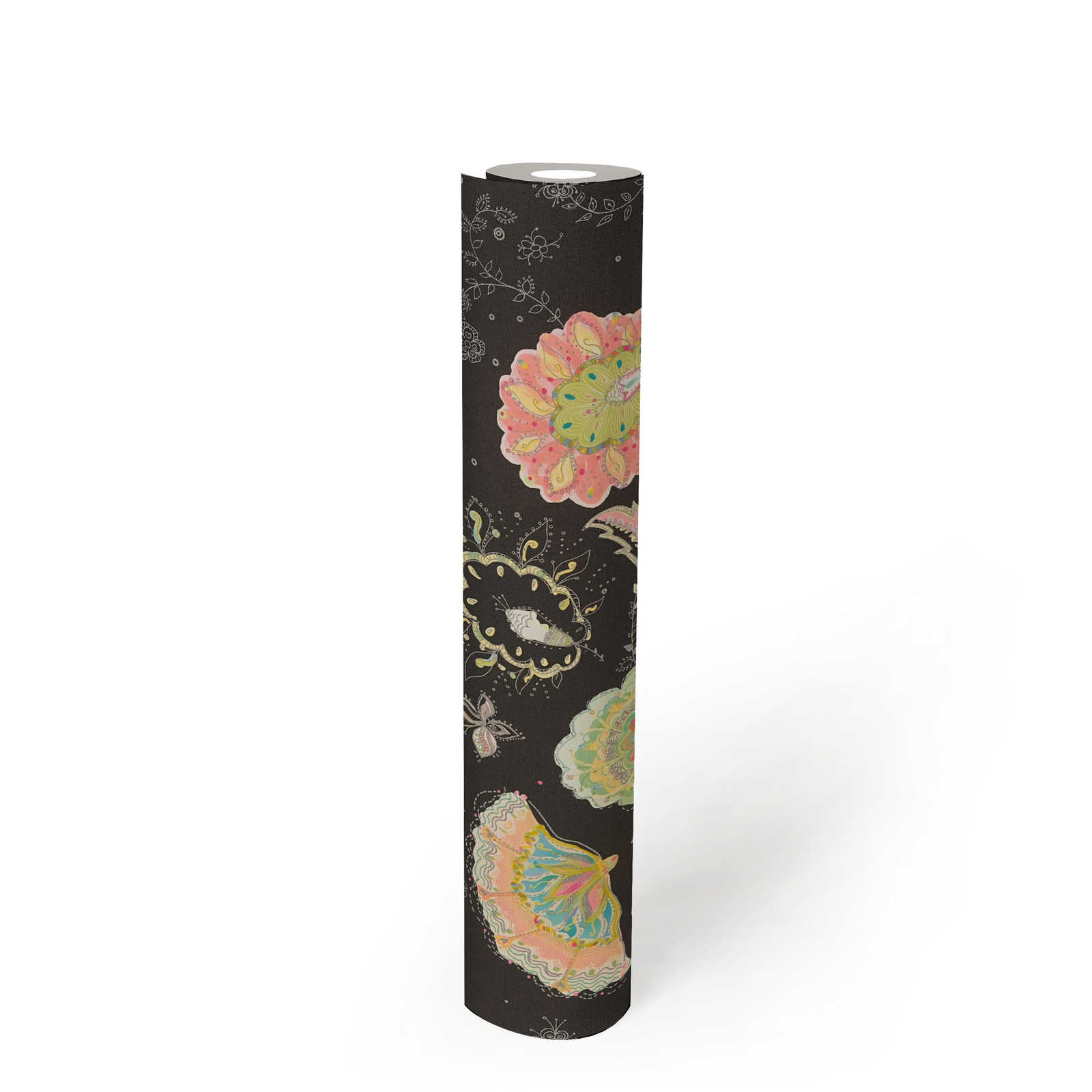             Vliestapete mit floralem Muster und leichter Glanzstruktur – Schwarz, Grün, Bunt
        
