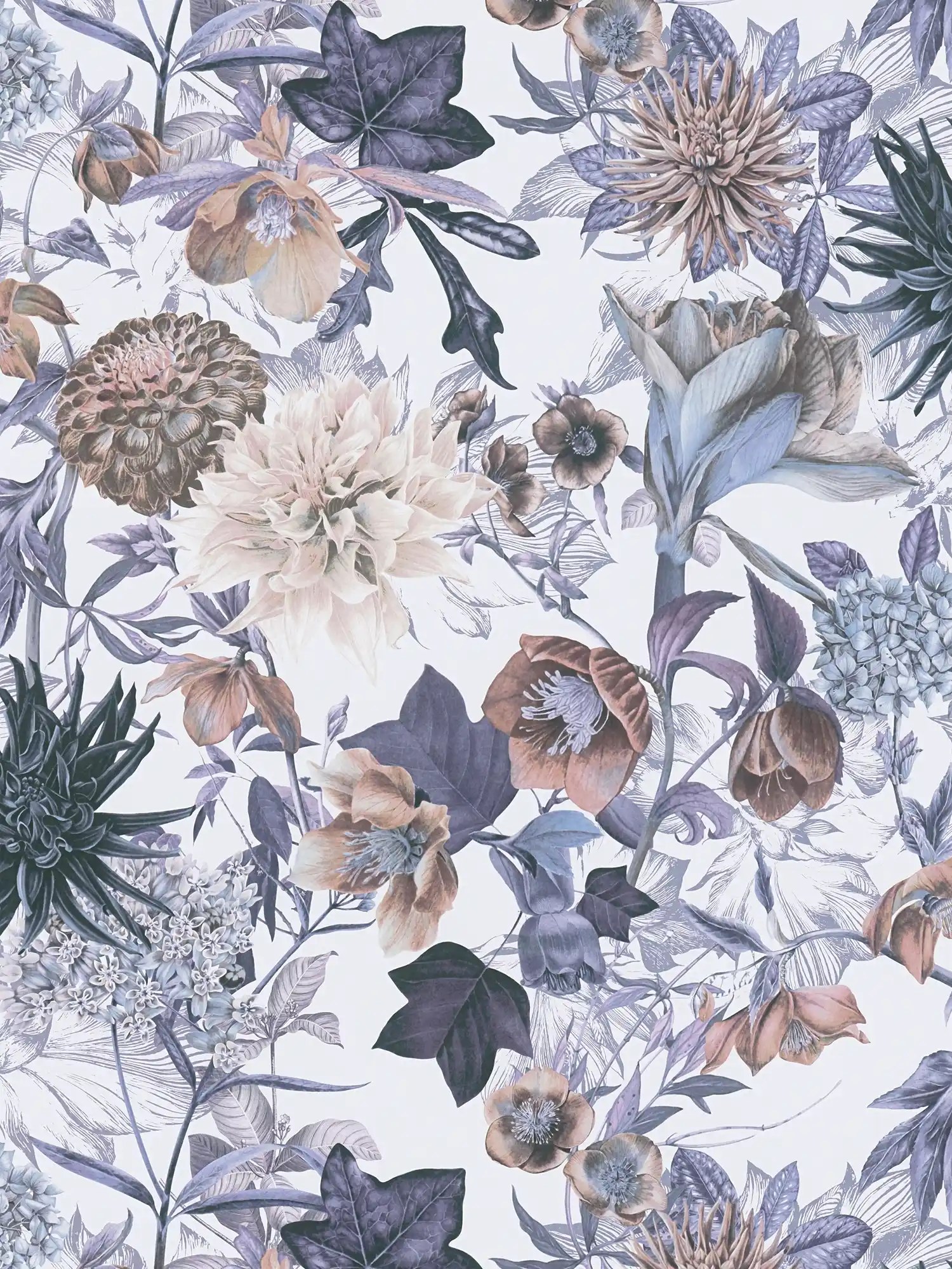 Blumentapete mit floralem Muster – Blau, Braun, Grau
