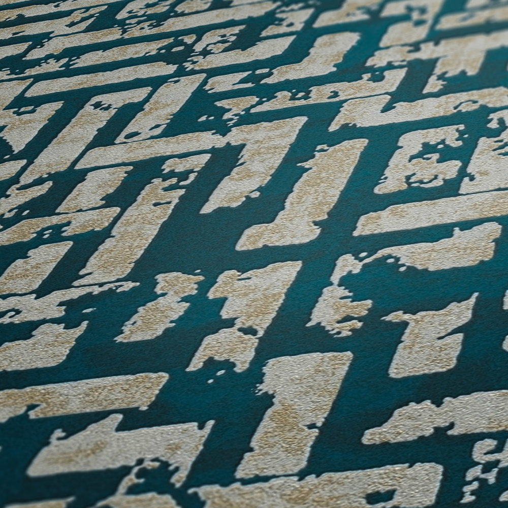            Ethno Tapete mit grafischem Relief Design – Blau, Grün, Beige
        