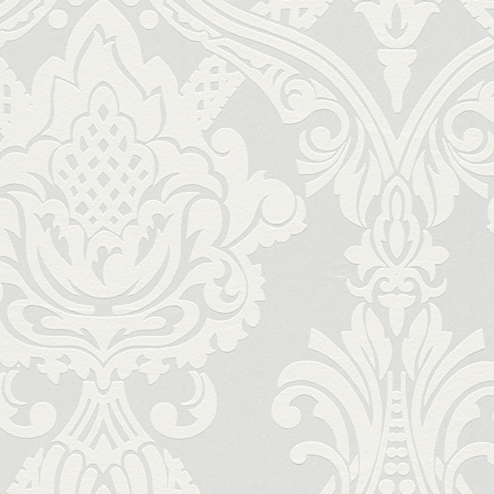             Weiße Tapete Barock Design mit Metallic-Effekt
        