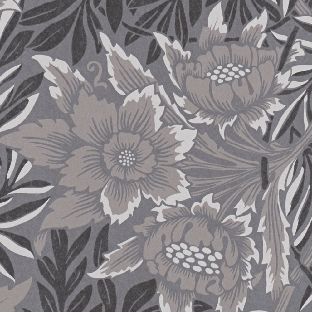             Florale Tapete mit großer Blüte und Blätterranken – Grau, Beige, Schwarz
        