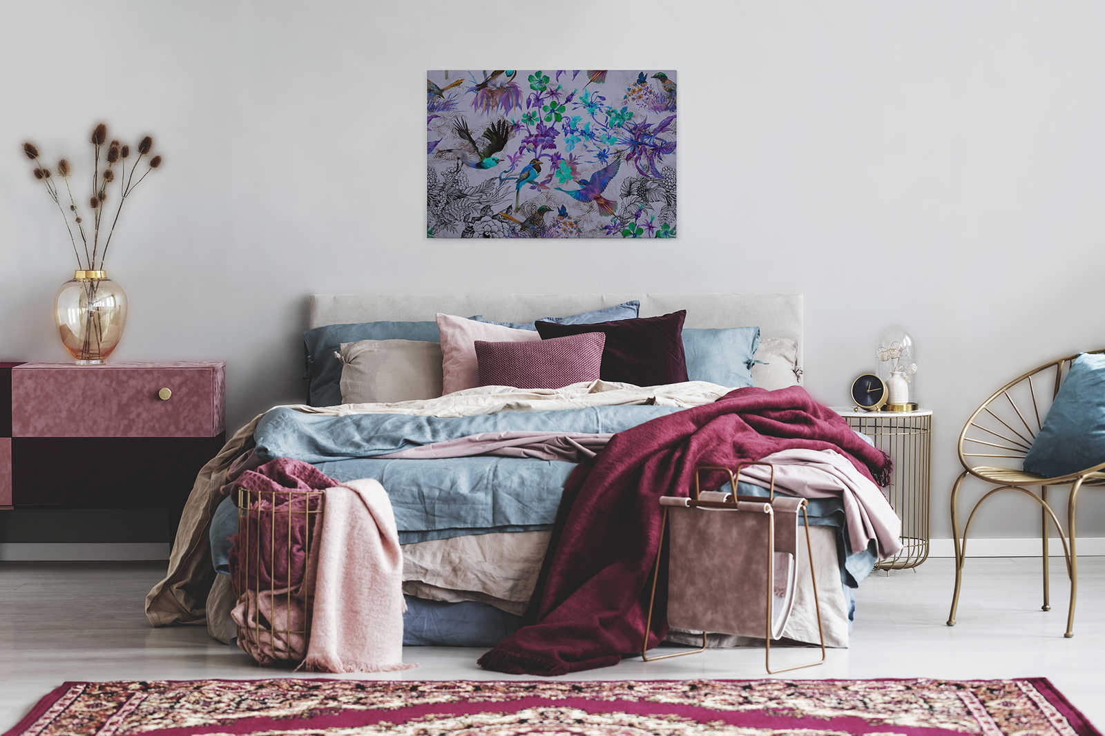             Violettes Leinwandbild mit Blumen & Vögeln – 0,90 m x 0,60 m
        