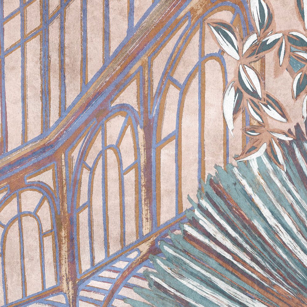             Fototapete »orangerie 2« - Pavillon mit Jungle-Blättern auf Vintage-Putzstruktur – Rosé, Türkis | Glattes, leicht perlmutt-schimmerndes Vlies
        