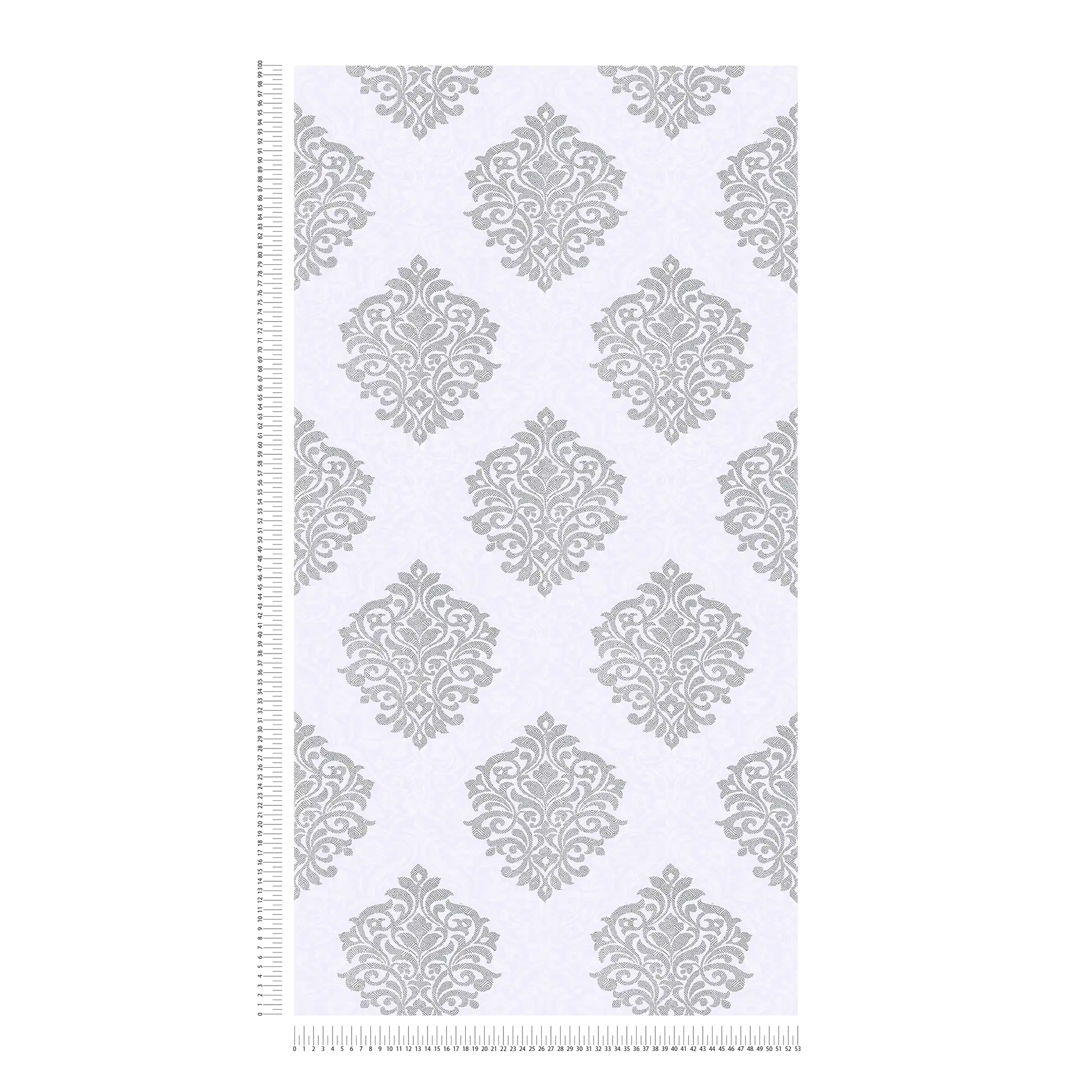             Florale Ornamenttapete Rautenmuster im Ethno-Stil – Grau, Weiß, Silber
        