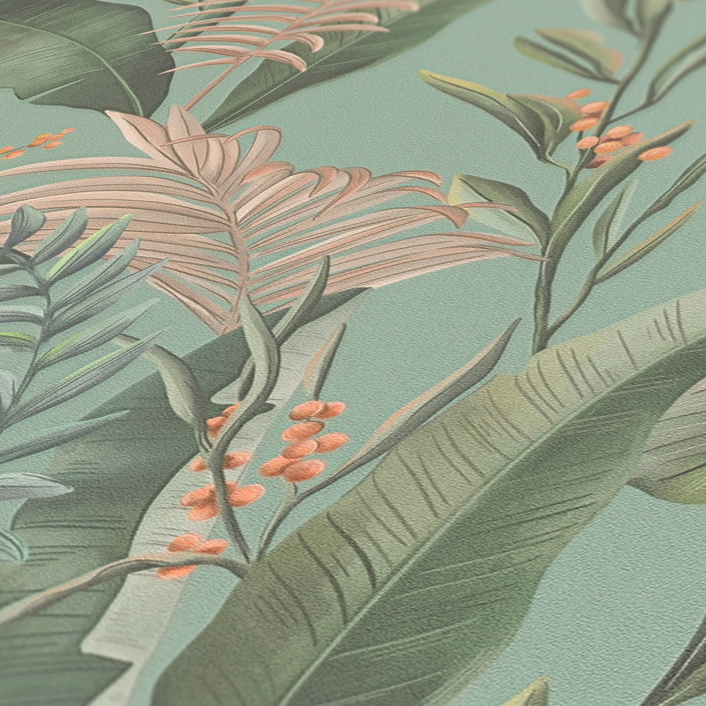             Dschungeltapete im floralen Stil mit Blättern strukturiert matt – Blau, Grün, Beige
        