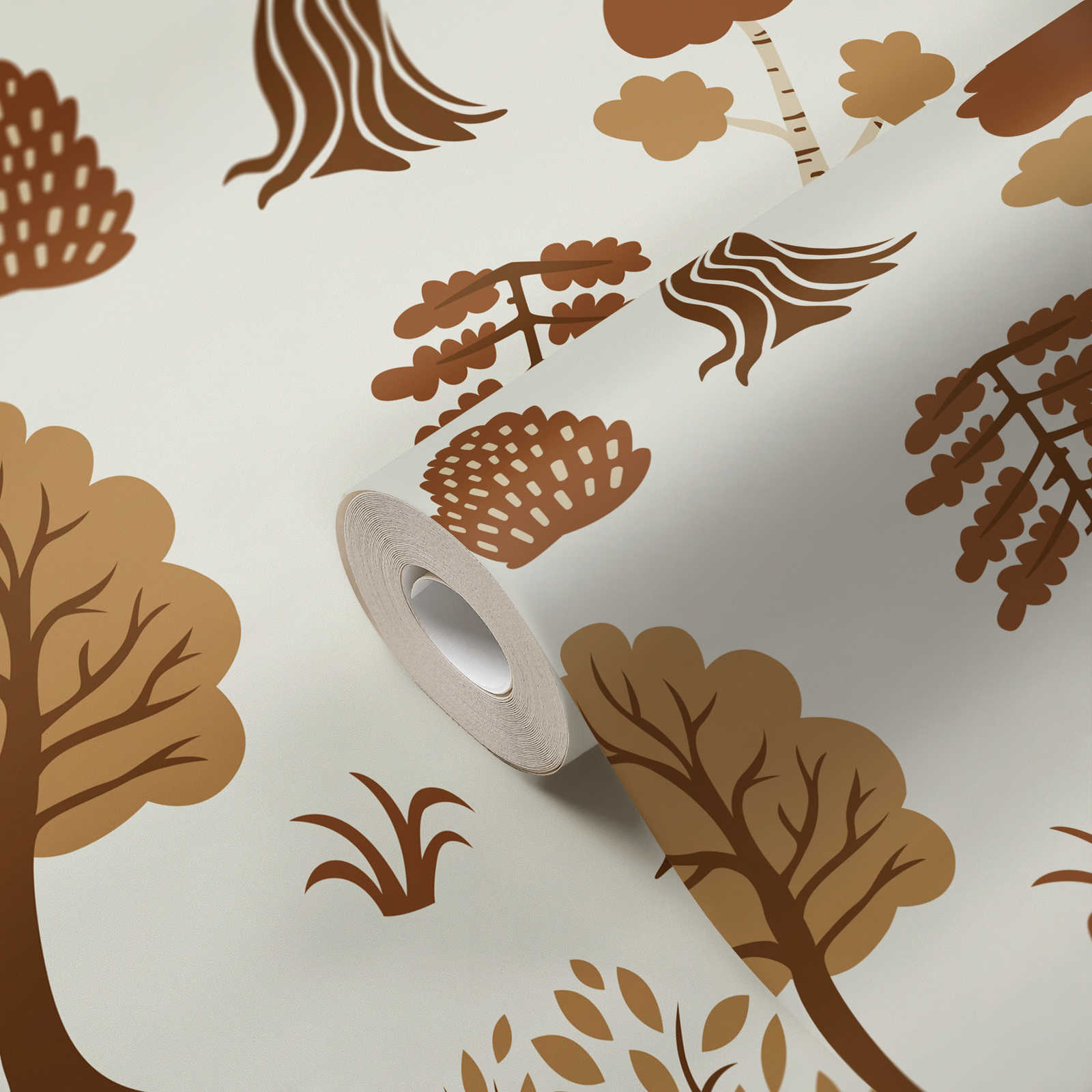             Wald-Motiv Vliestapete mit herbstlichen Bäumen – Creme, Braun
        