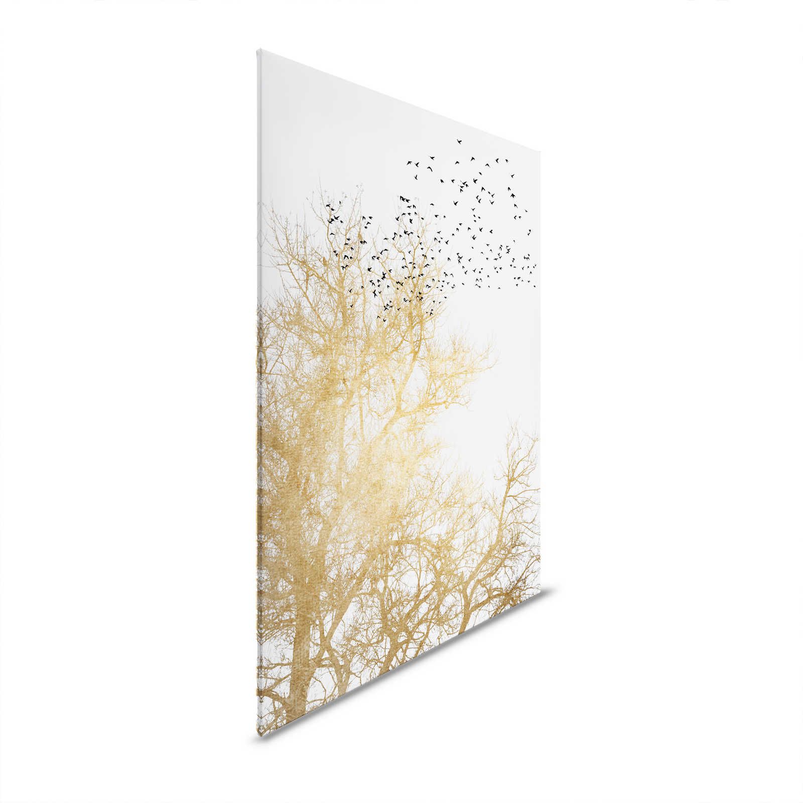 Leinwandbild mit goldenen Bäumen und Vogelschwarm – 0,90 m x 0,60 m

