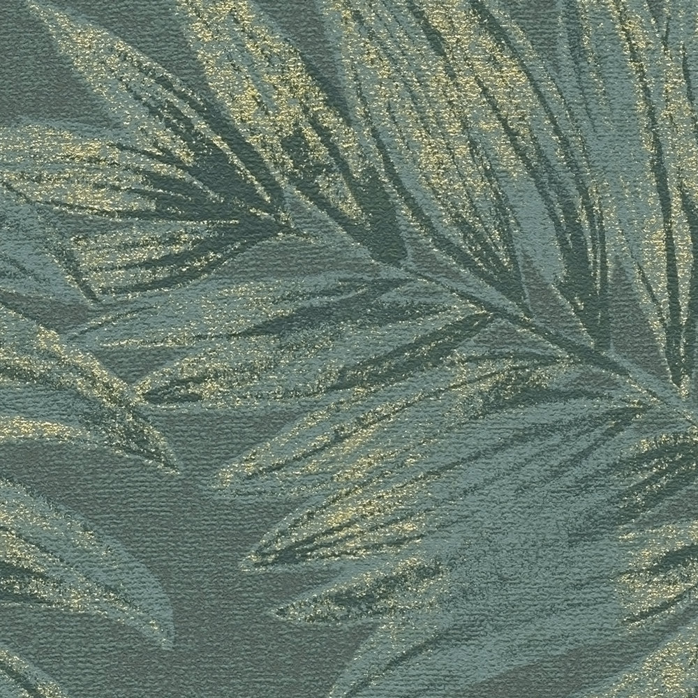             Florale Vliestapete mit Blatt Muster mit goldenen Details – Grün, Gold
        
