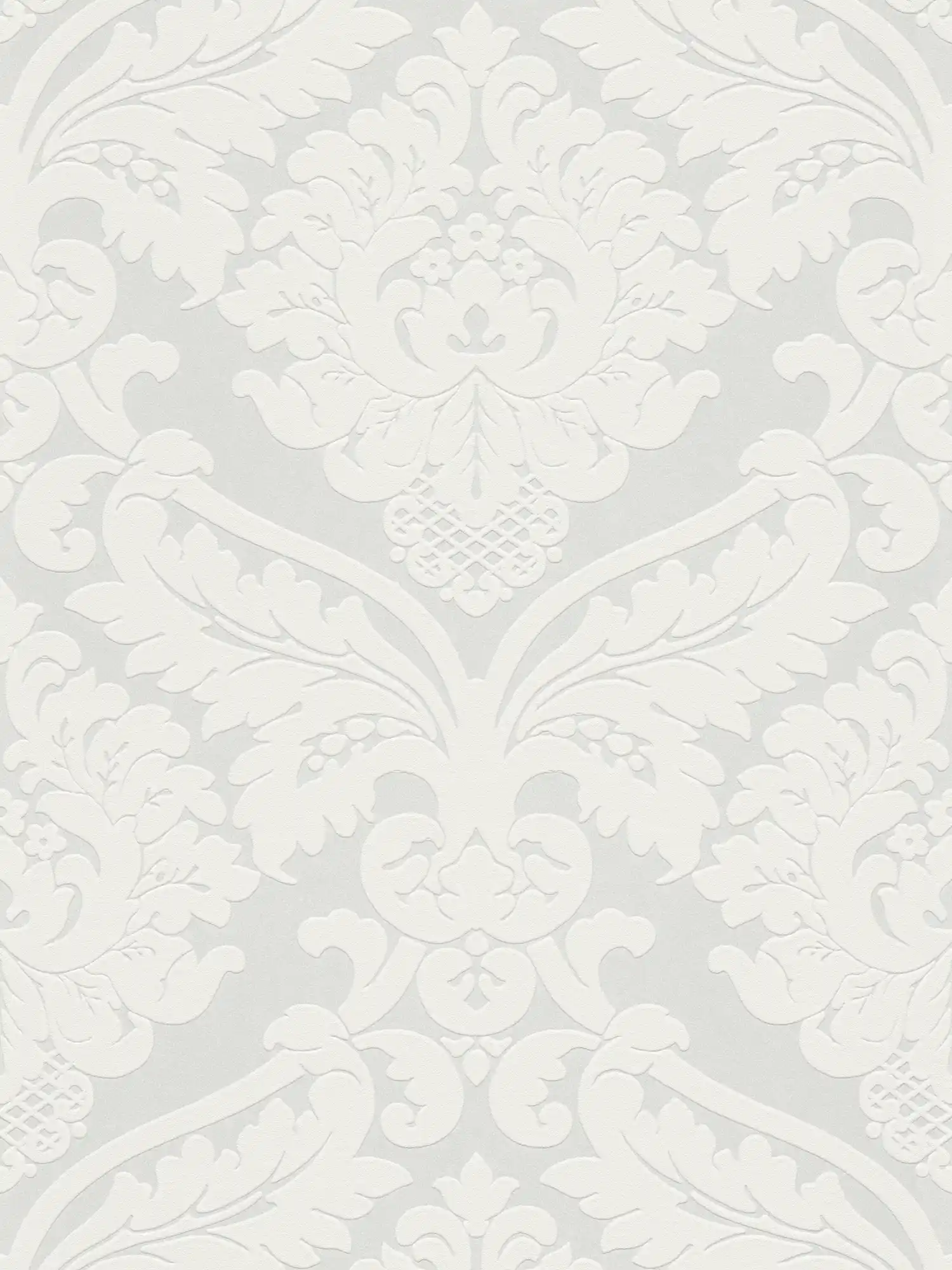 Barock-Tapete mit floralem 3D Ornament – Metallic, Weiß
