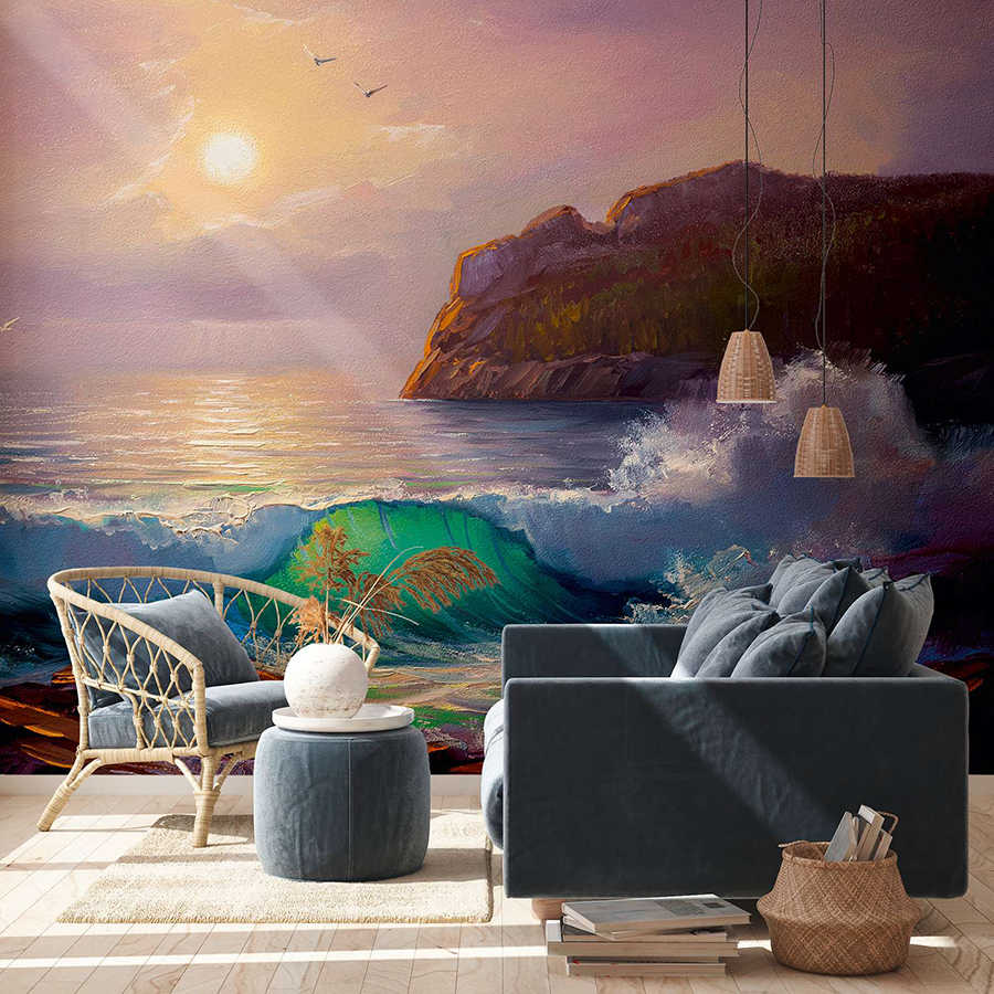 Fototapete Gemälde von einer Küste beim Sonnenaufgang – Blau, Violett, Braun

