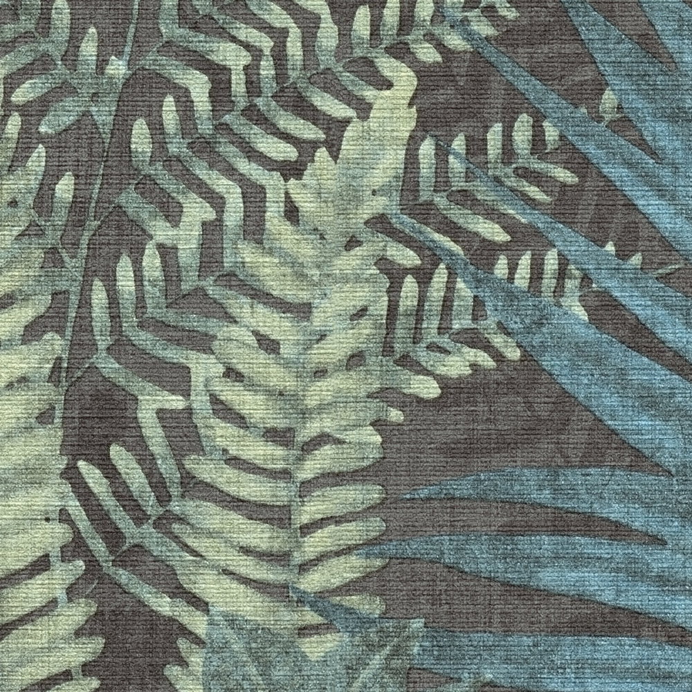             Vliestapete floral mit Farnblättern leicht strukturiert, matt – Schwarz, Blau, Grün
        