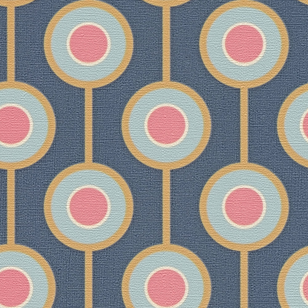             Retro Tapete mit leichter Struktur und Kreis Bemusterung – Blau, Gelb, Pink
        