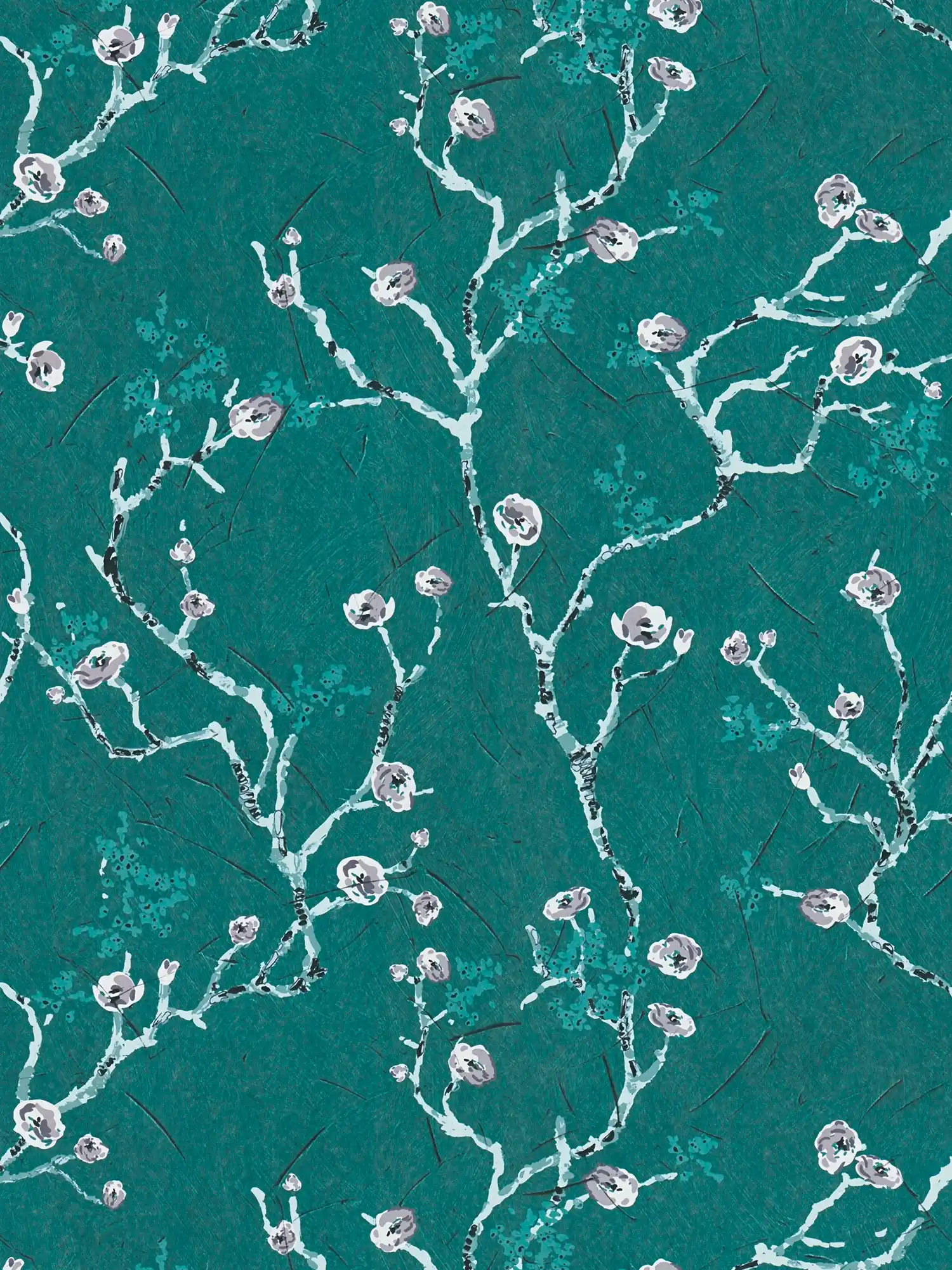 Dunkelgrüne Tapete mit Blüten Motiv im Asia Stil

