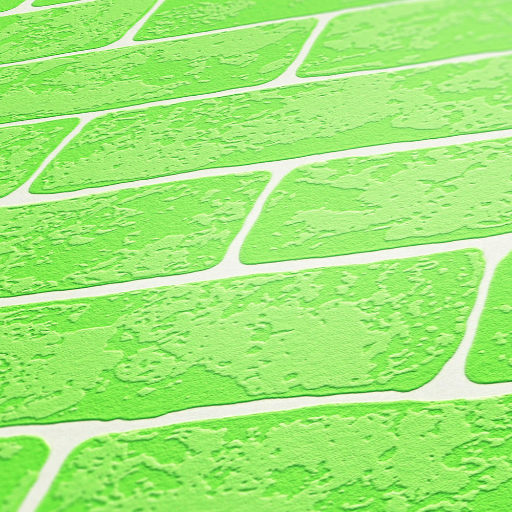             Vliestapete Steinmauer mit 3D-Struktur – Grün, Weiß
        