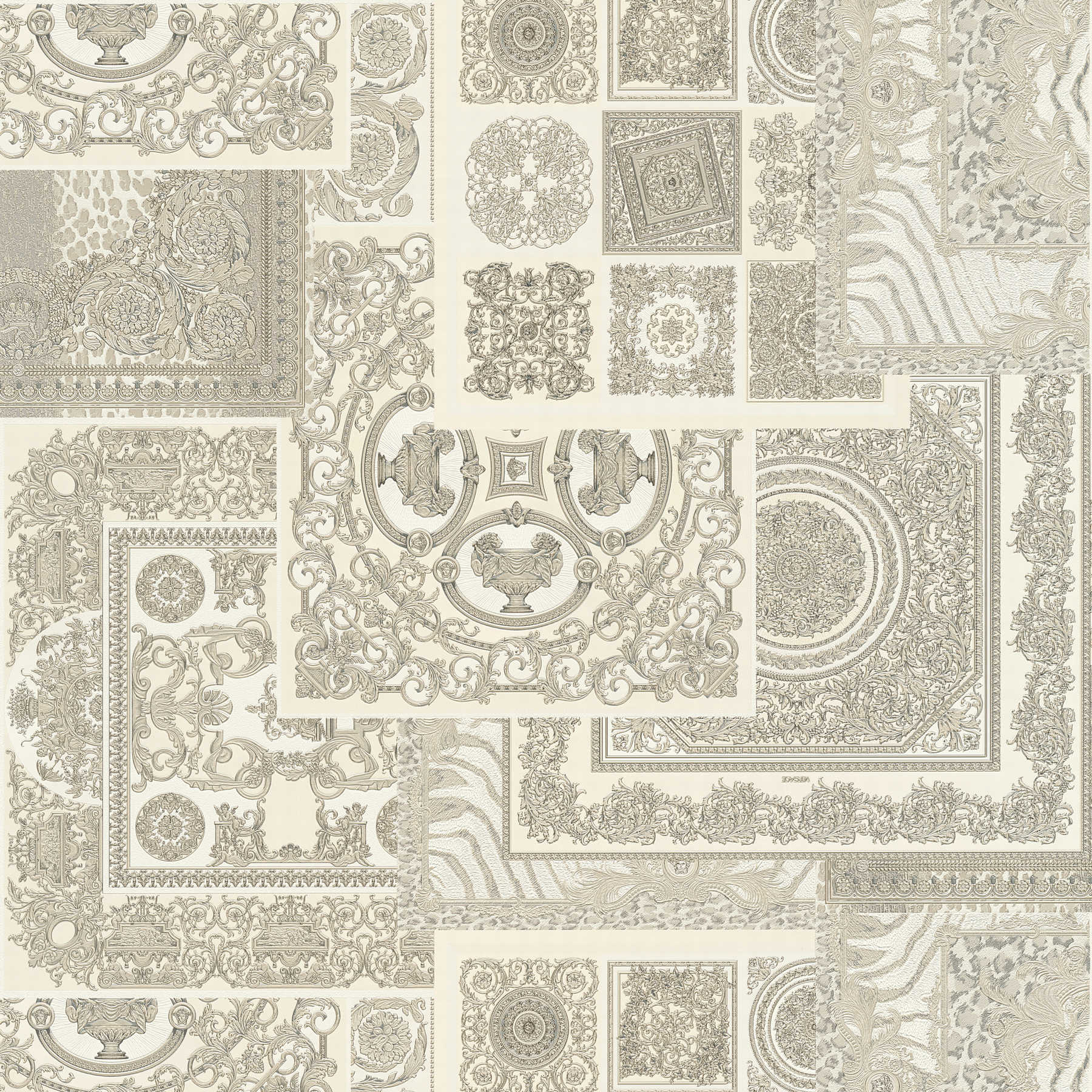 VERSACE Home Tapete Barock-Details & Animal Print – Silber, Grau, Weiß

