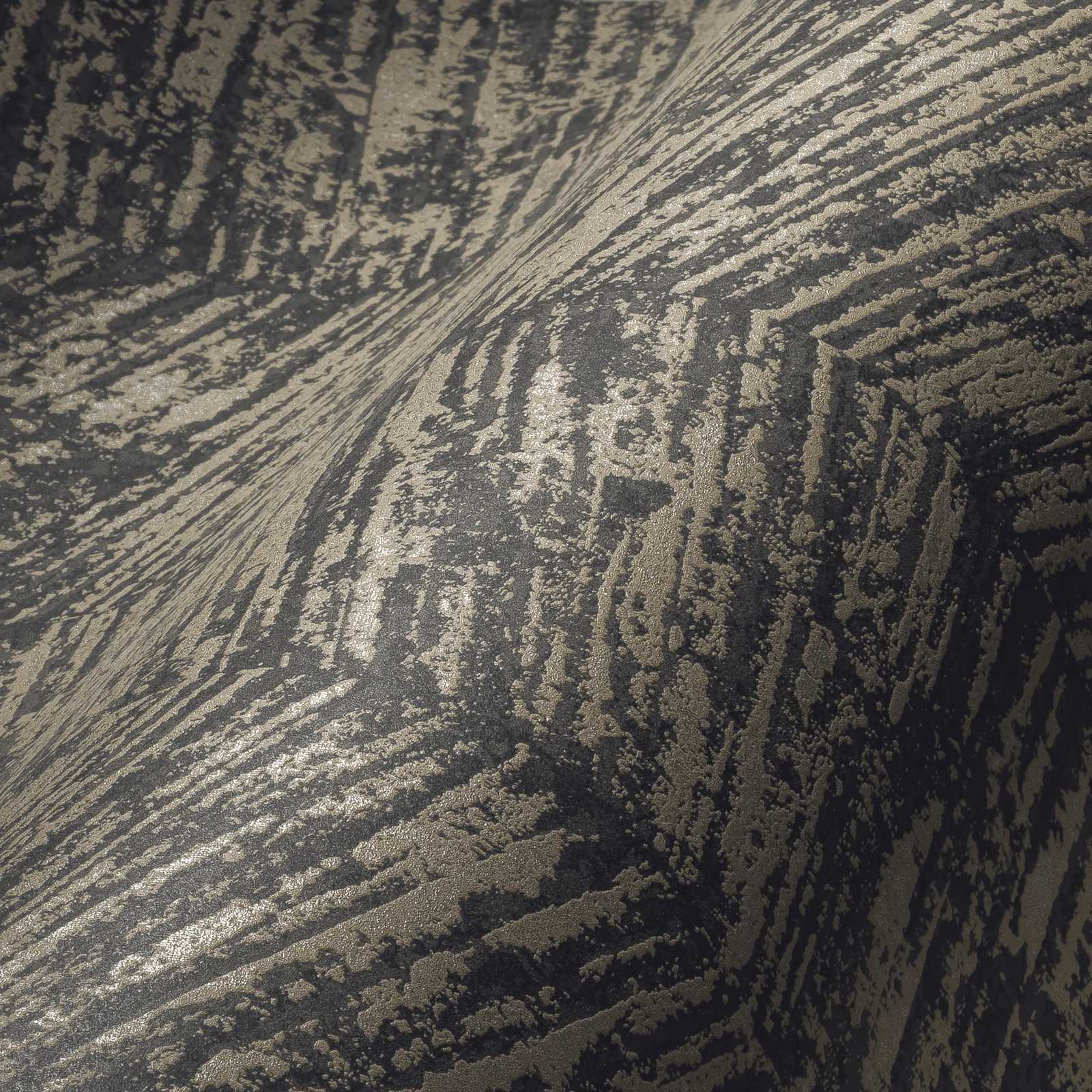             Ethno Tapete mit meliertem Streifenmuster – Grau, Metallic, Schwarz
        
