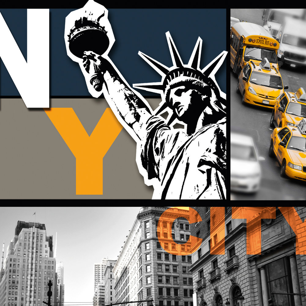             City-Tapete New York, Skyline und Wahrzeichen – Orange, Grau, Bunt
        