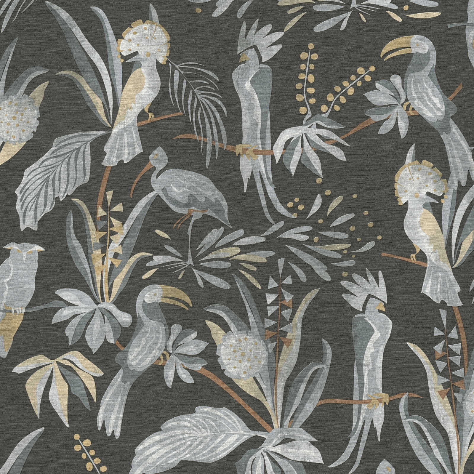             Tapete mit Dschungelpflanzen und Vögeln – Schwarz, Grau, Beige
        