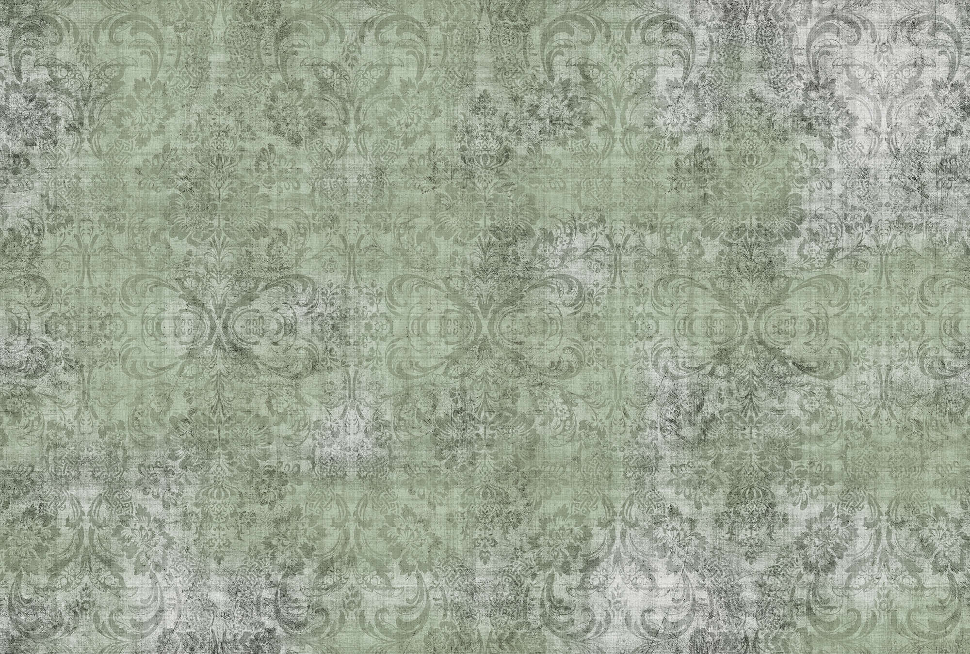             Old damask 2 - Ornamente auf grün-melierter Fototapete- Naturleinen Struktur – Grün | Struktur Vlies
        