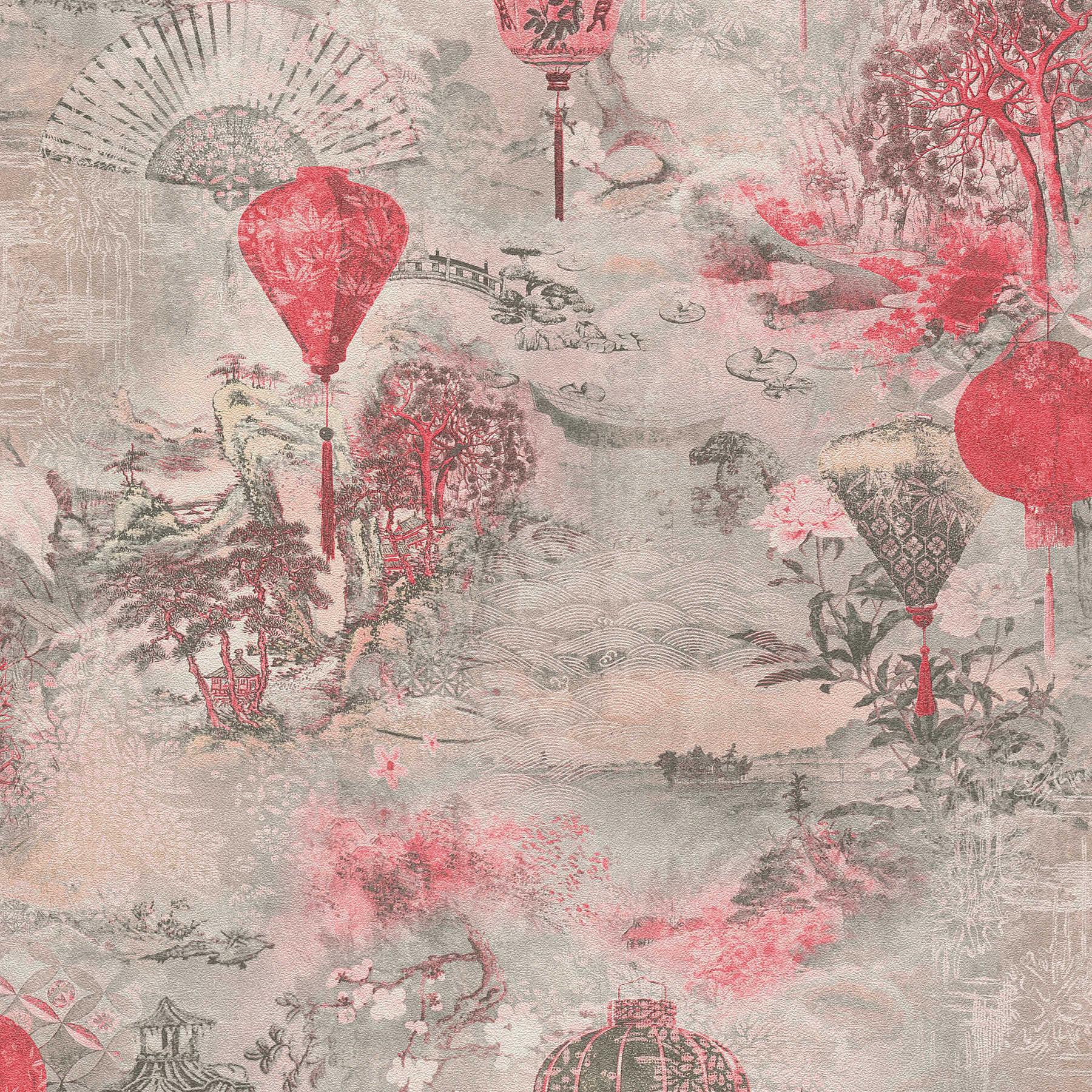         Vliestapete mit Landschaftsmotiv und asiatischem Dekor – Grau, Rot, Rosa
    
