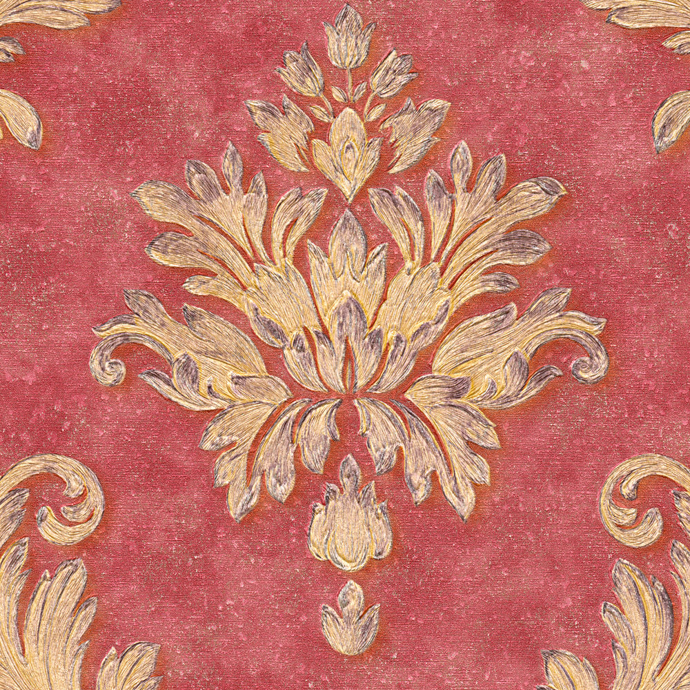             Designertapete florale Ornamente & Metallic-Effekt – Rot, Gold
        