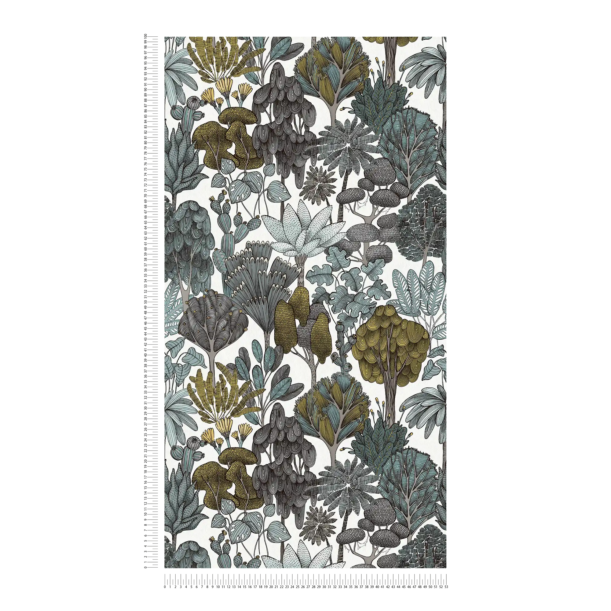             Tapete Grün Grau florales Muster im Doodle Stil – Grün, Grau, Gelb
        