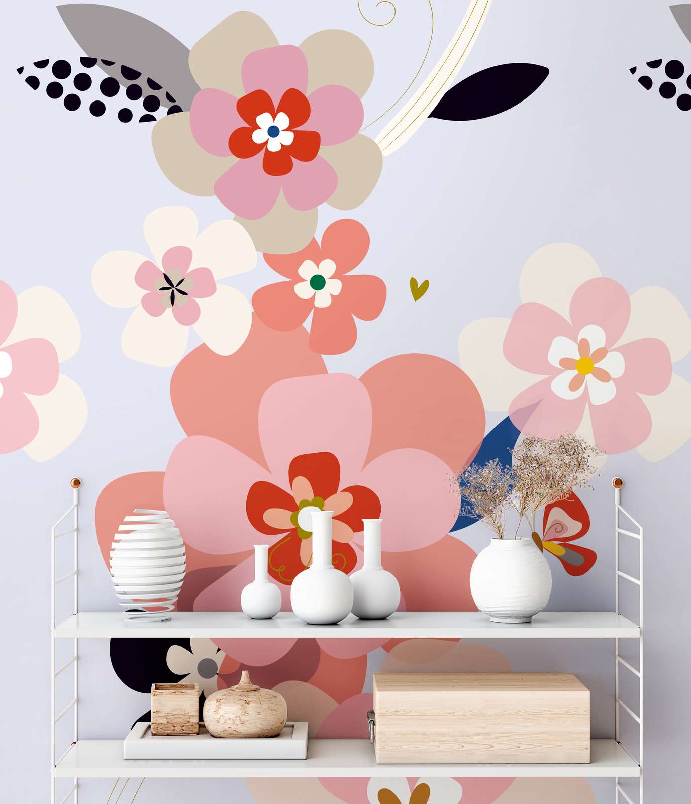             Große Blumenmotiv Tapete im minimalistischem Stil – Bunt, Rosa, Flieder
        