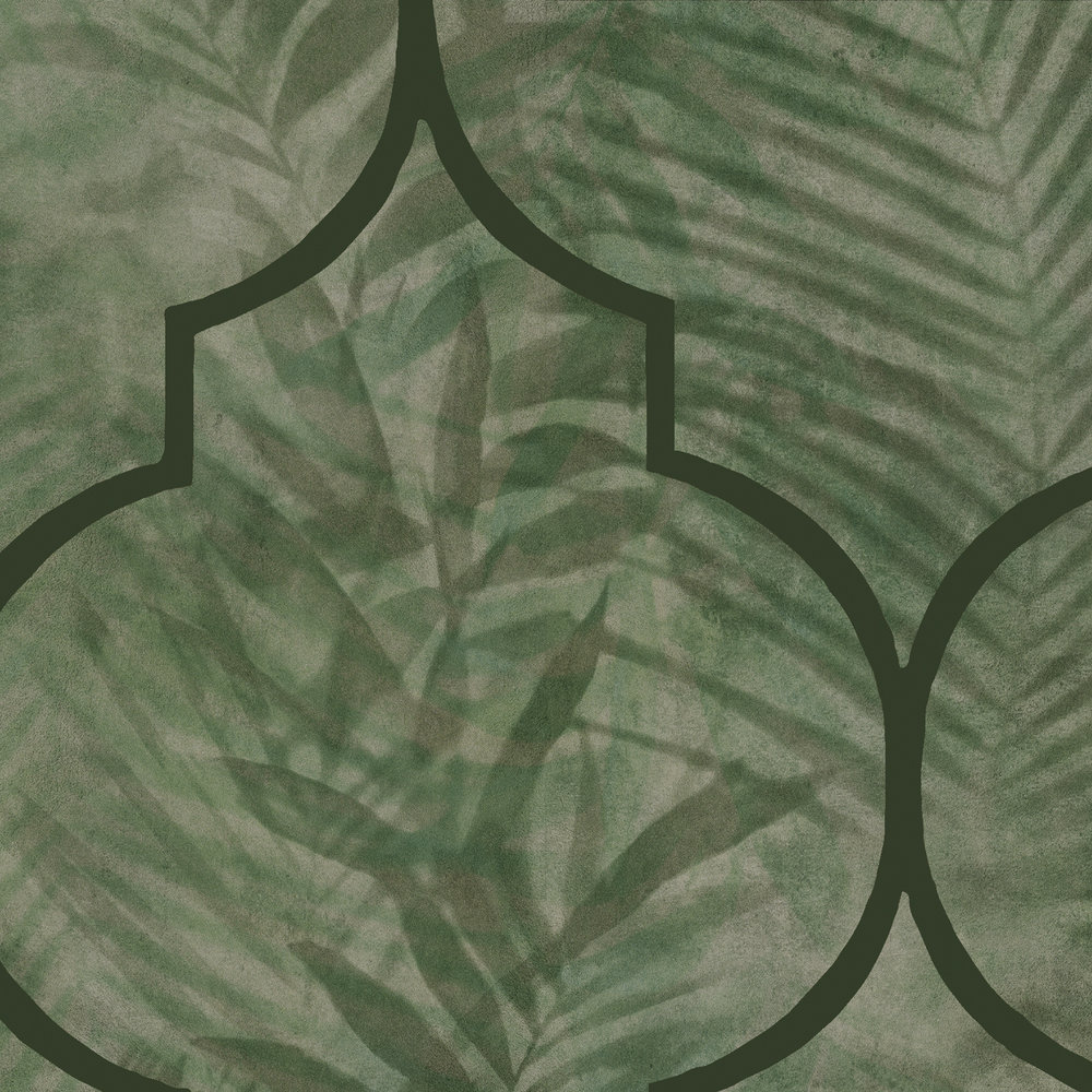             Vliestapete mit Blättermuster auf Fliesenoptik – Grün
        