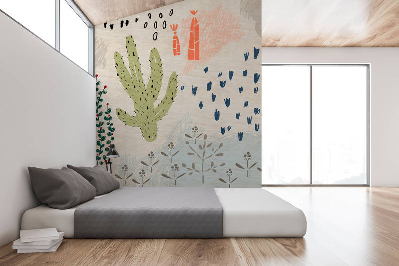             Crayon garden2 - Fototapete Kinderzimmer in Sperrholz Struktur, naive Kunst – Beige, Blau | Premium Glattvlies
        